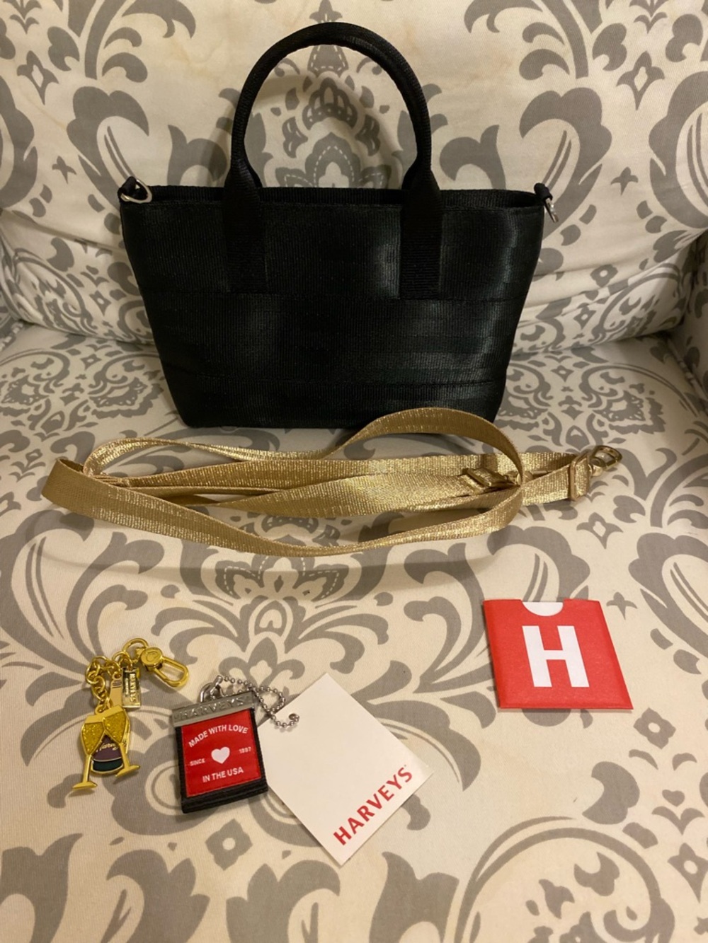Harveys Black Mini petite Tote crossbody with Gold sterling Strap
